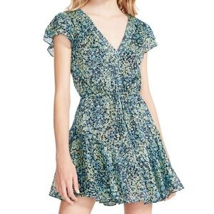NWT Steve Madden Women's Ayra Chiffon Blue Yellow Floral Medium MIDI Dress